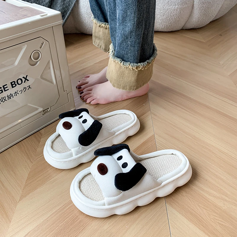 可爱狗狗亚麻拖鞋女四季通用厚底防滑吸汗不臭脚踩屎感拖鞋夏天