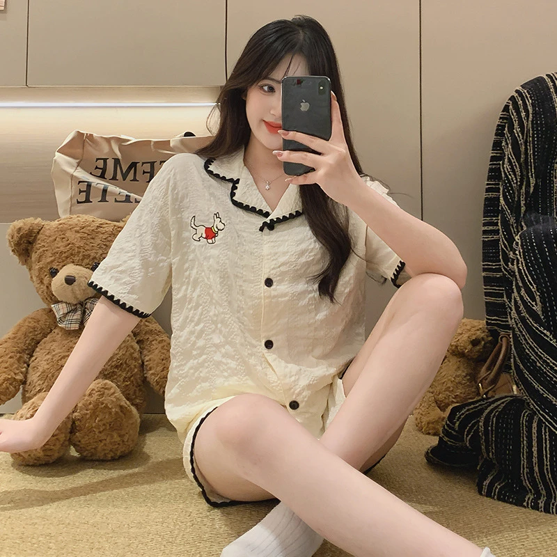 OUFENLAI夏季新款套装开衫娃娃领女睡衣家居服云朵棉套装