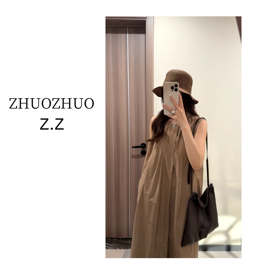 【ZHUOZHUO专属】“卡布奇诺”法式复古压褶圆领无袖宽松直筒连衣裙