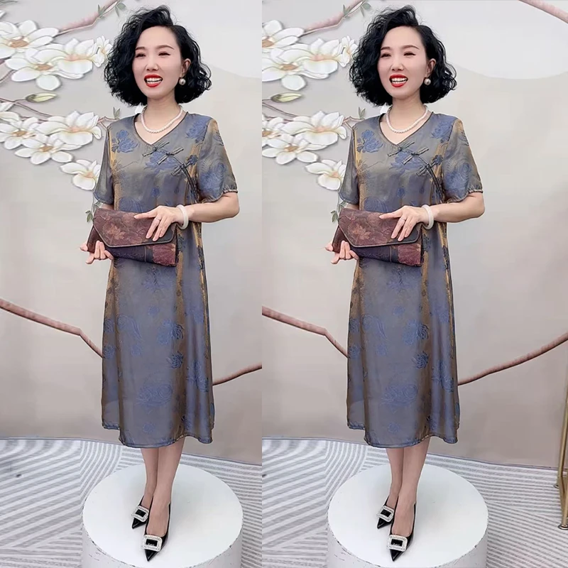 高级感旗袍裙夏季新款宽松遮肚醋酸中长裙时髦洋气妈妈复古连衣裙