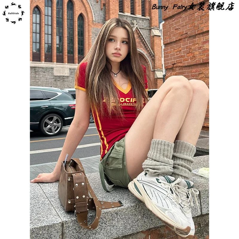美式辣妹短袖女夏季新款撞色v领正肩t恤修身显瘦红色短款上衣y2k