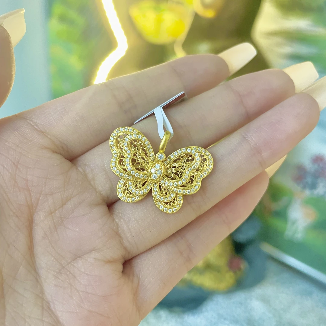 足金999 古法点钻花丝蝴蝶黄金吊坠精致时尚（不含链）