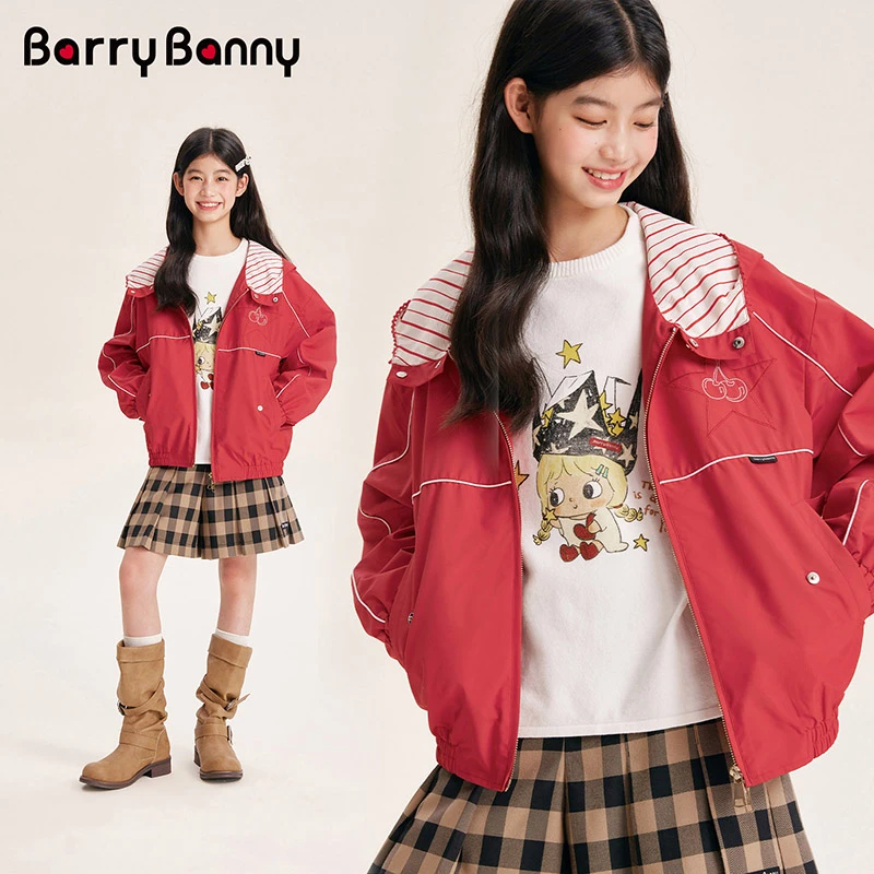 BarryBanny女童薄款外套25秋季新款儿童休闲连帽百搭防风防水夹克