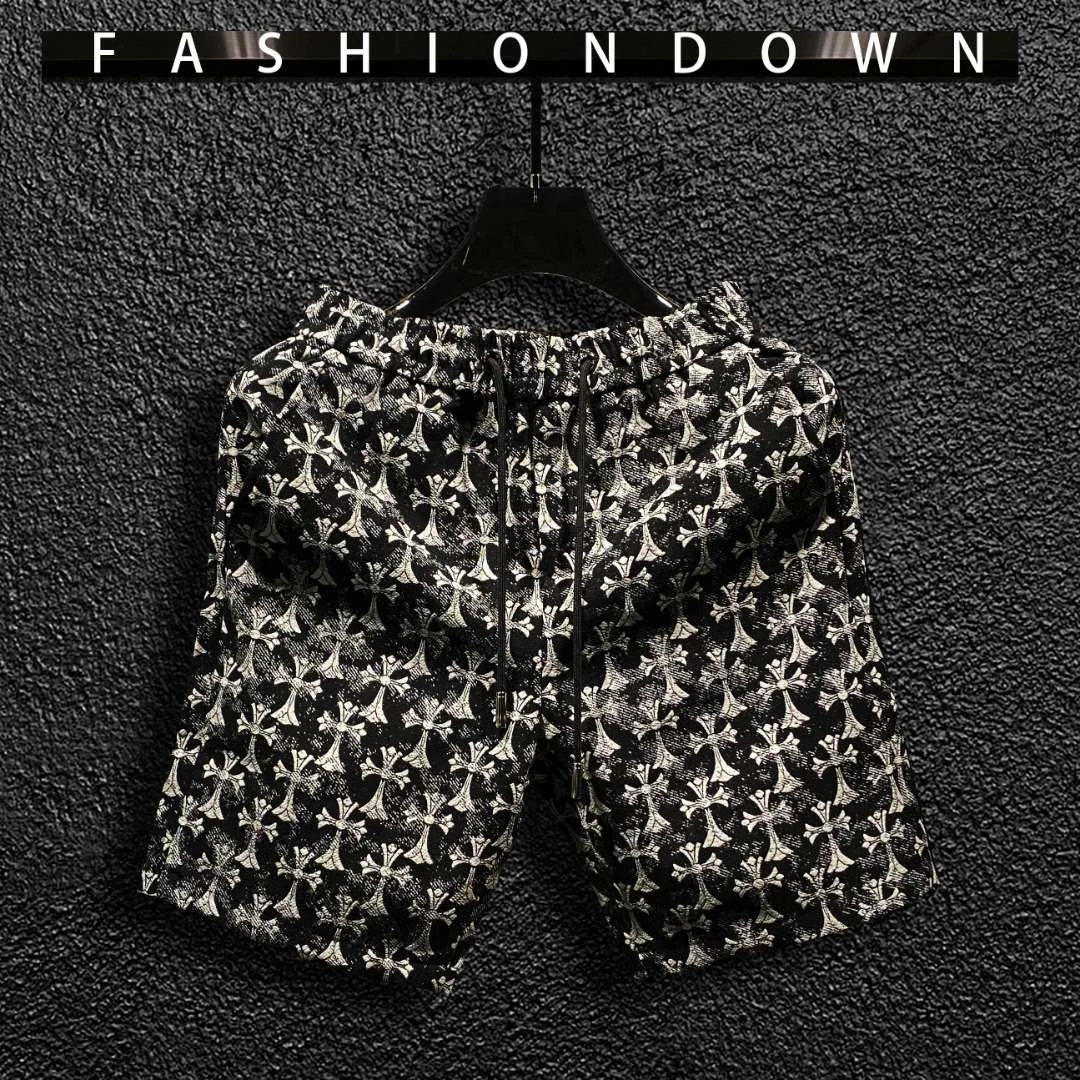 潮牌高端刺绣休闲短裤夏季潮流提花直筒宽松五分裤男款中裤沙滩裤