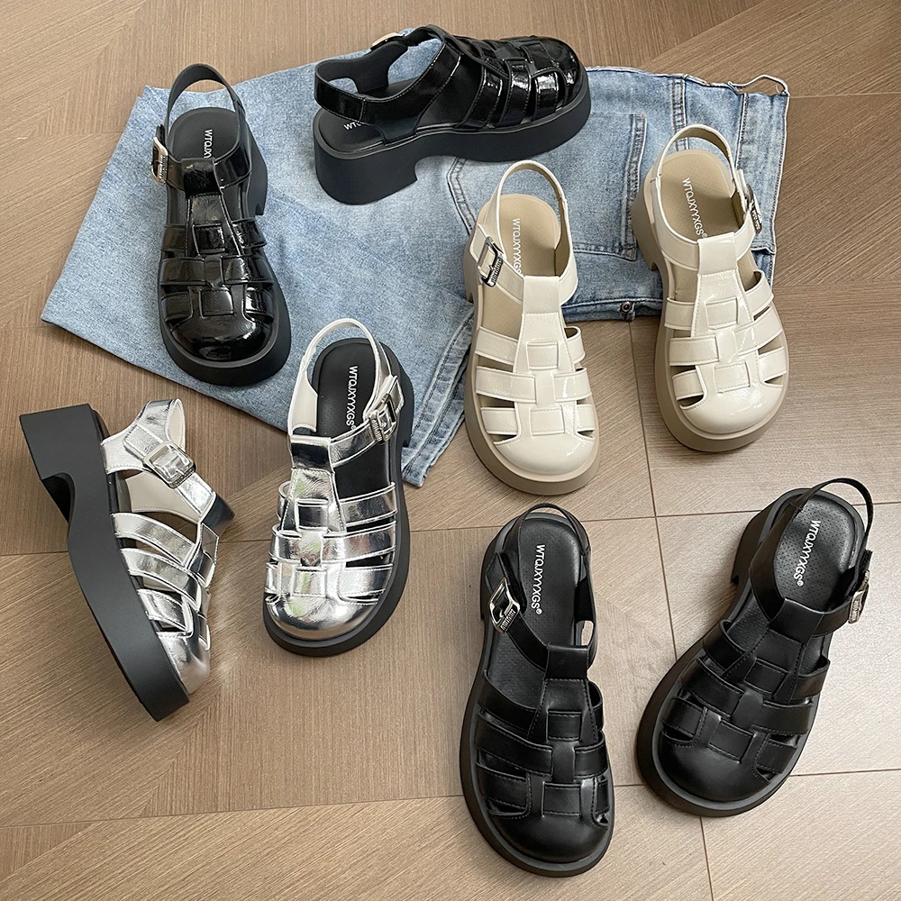 夏季新款粗跟包头罗马凉鞋女软底防滑轻便洞洞鞋编织镂空猪笼鞋