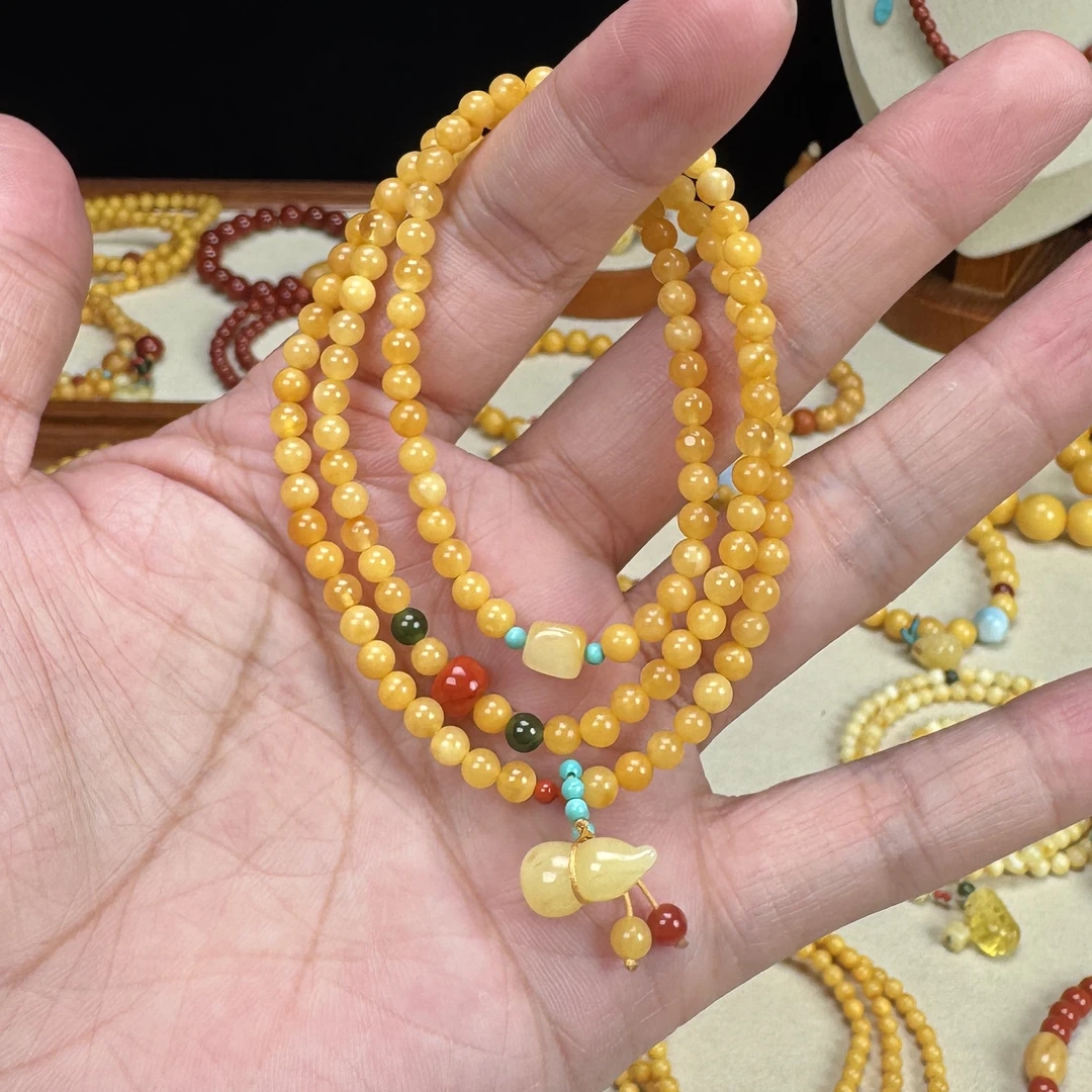 原矿俄料老花蜡三圈小珠径蜜蜡手链