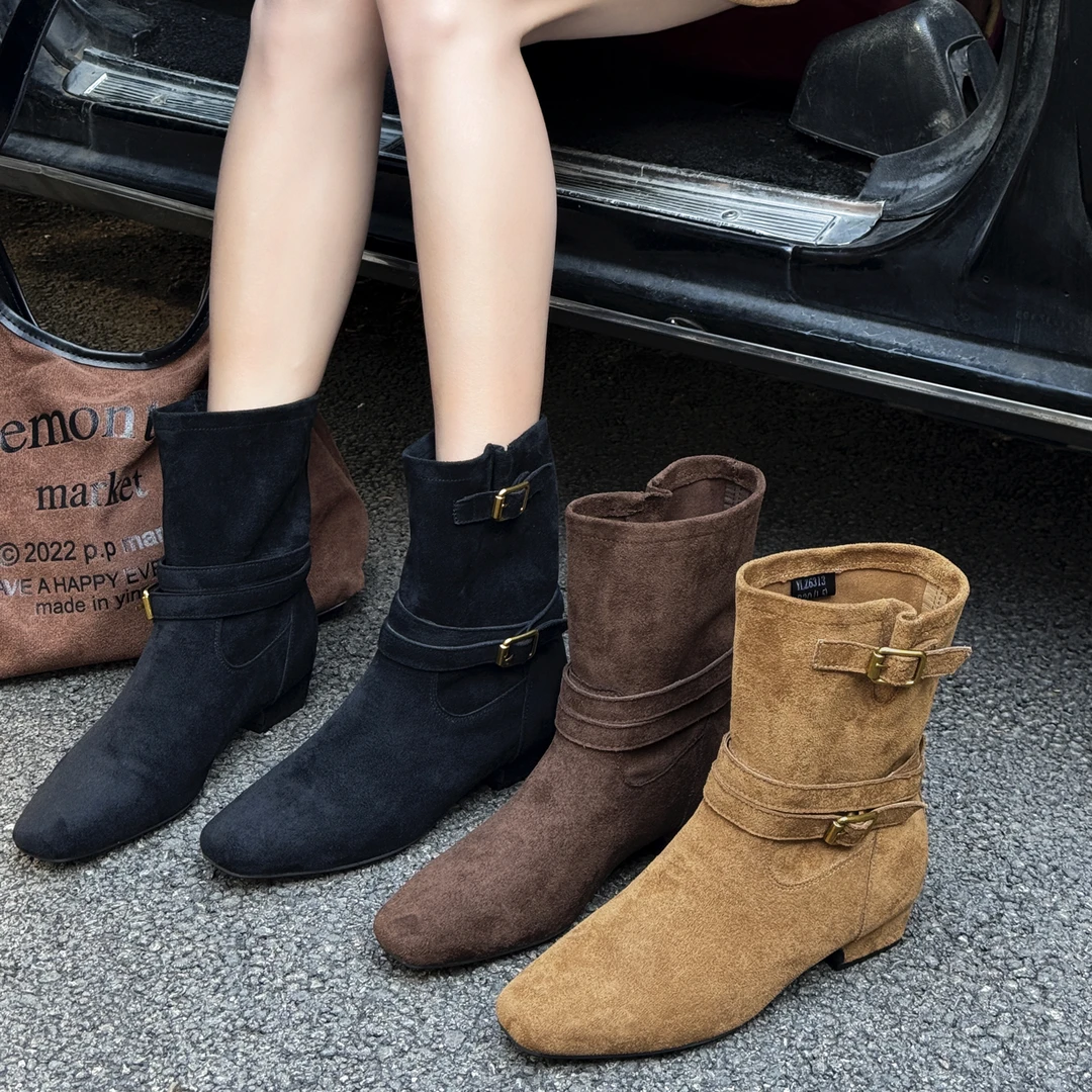 6028秋冬羊京绒皮短靴简约时装靴时尚百搭弹力瘦瘦靴英伦风平底