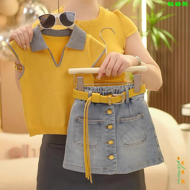 女童短袖牛仔短裤套装2025夏季薄款冰丝polo衫裙裤时髦炸街两件套