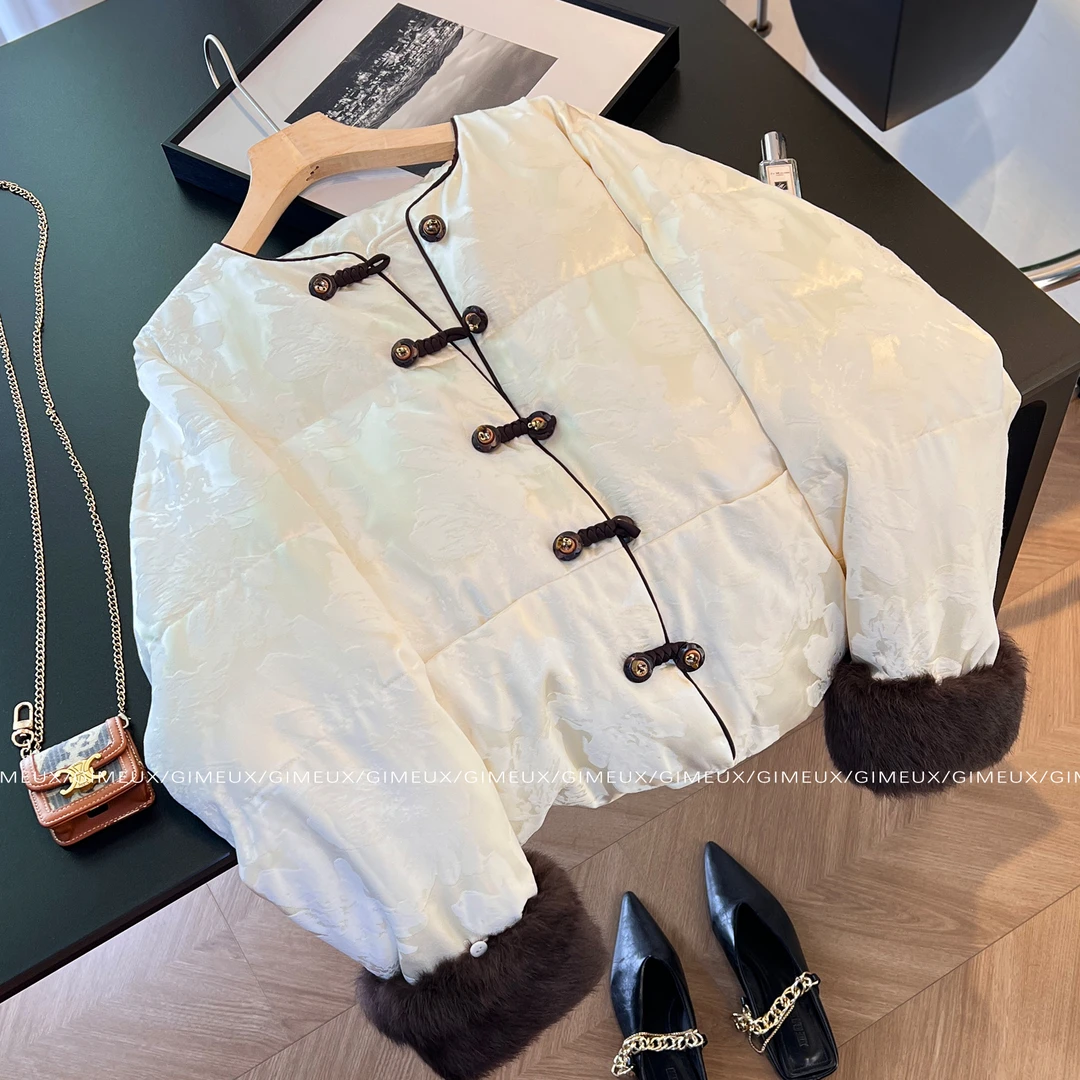 新中式冬季撞色加厚棉服女2025款高级感国风盘扣90白外套潮
