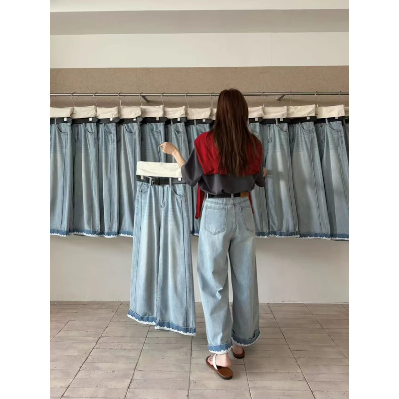 韩版设计感翻边蕾丝边直筒牛仔裤65221