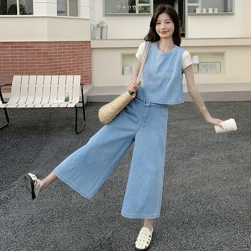 韩版今年流行牛仔套装女夏季2025新款一整套马甲T恤阔腿裤三件套