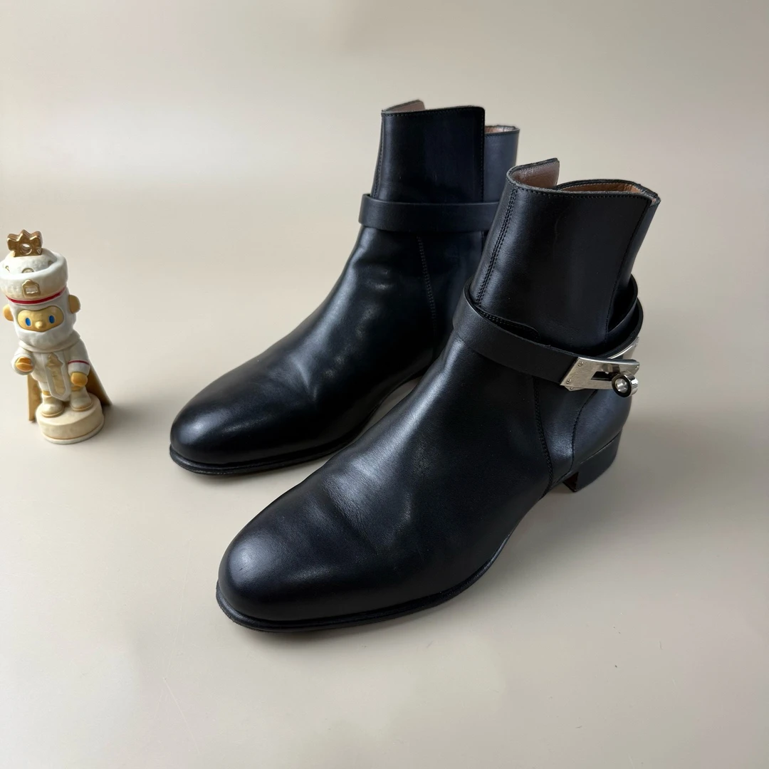 99新 Hermes/爱马仕 黑银Kelly扣短靴 36码 YLP3960