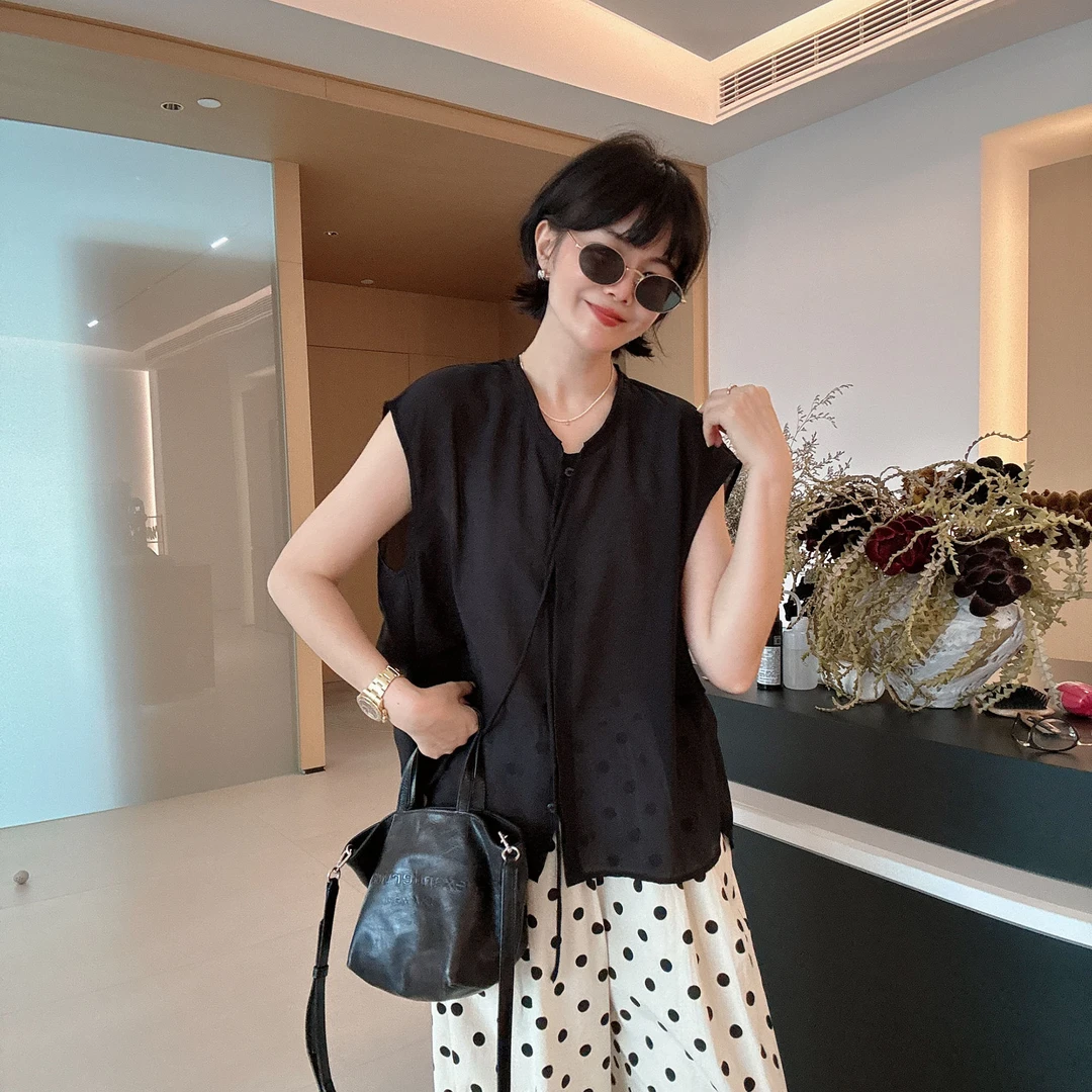 复古气质百搭系带宽松显瘦无袖衬衣