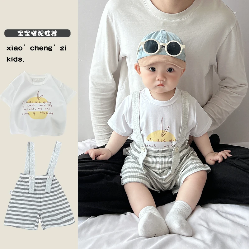 T25X20夏季婴儿条纹背带短裤女宝宝新款短裤男宝宝韩系休闲风裤子