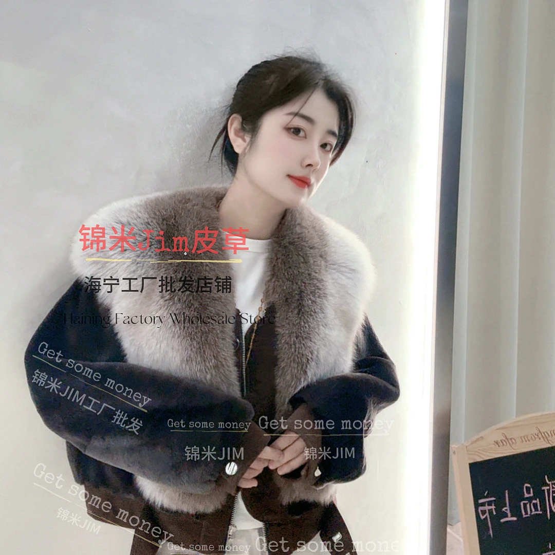 锦米「闪耀千金」秋冬进口狐狸毛领皮毛一体女款外套设计师羊皮羊毛