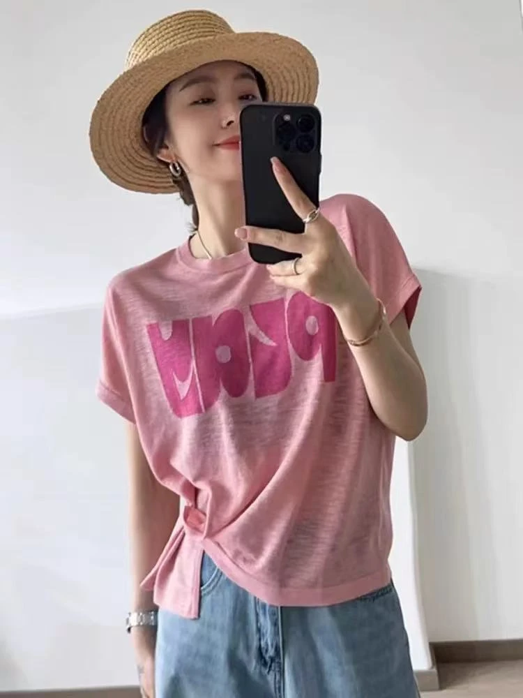 法式气质高级感休闲防晒T恤字母印花设计感百搭打底衫女YBTZ519-4