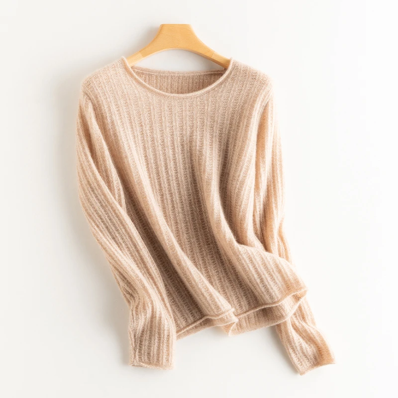 【不议价】女士170克纯山羊绒7针圆领时尚单股镂空长袖卷边套头衫