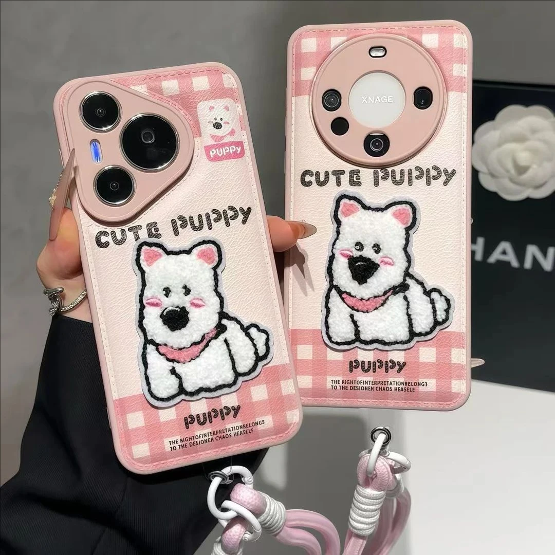 cute刺绣西高地挂绳适用华为Mate70pro壳Pura70小众全包小米14/15