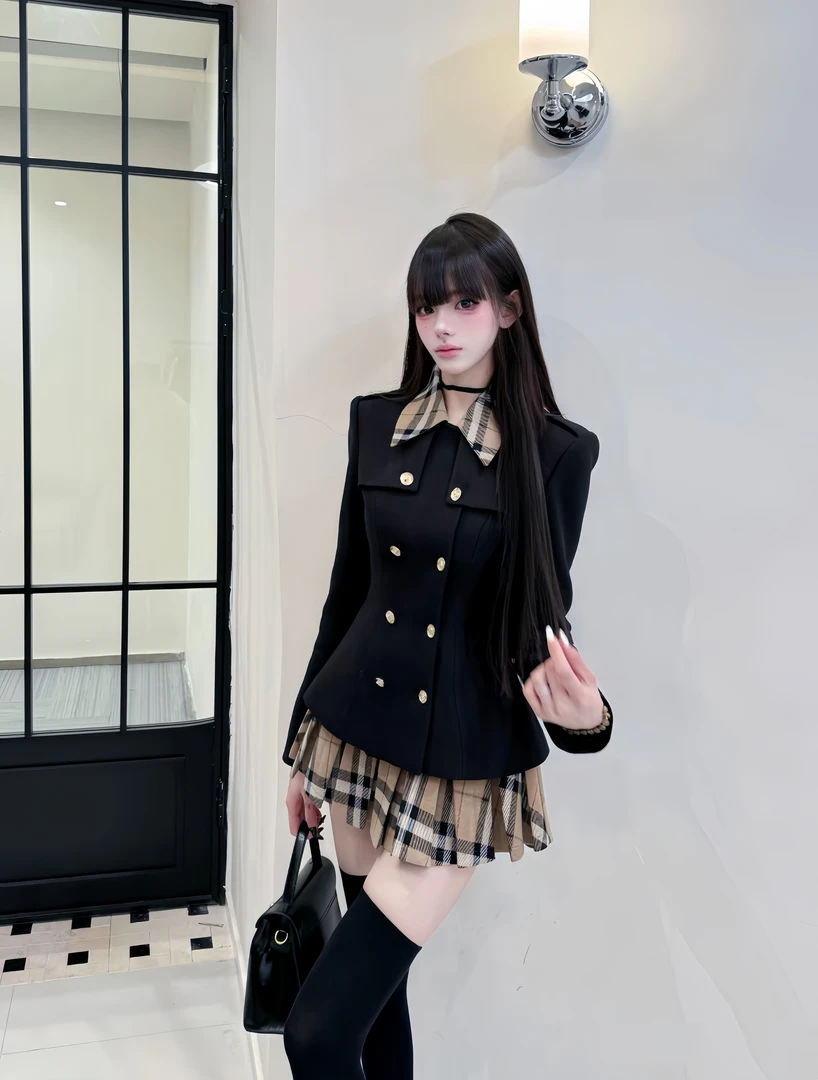 【美院艺术生】秋冬纯欲千金风甜美可爱法式设计感翻领上衣半裙套装