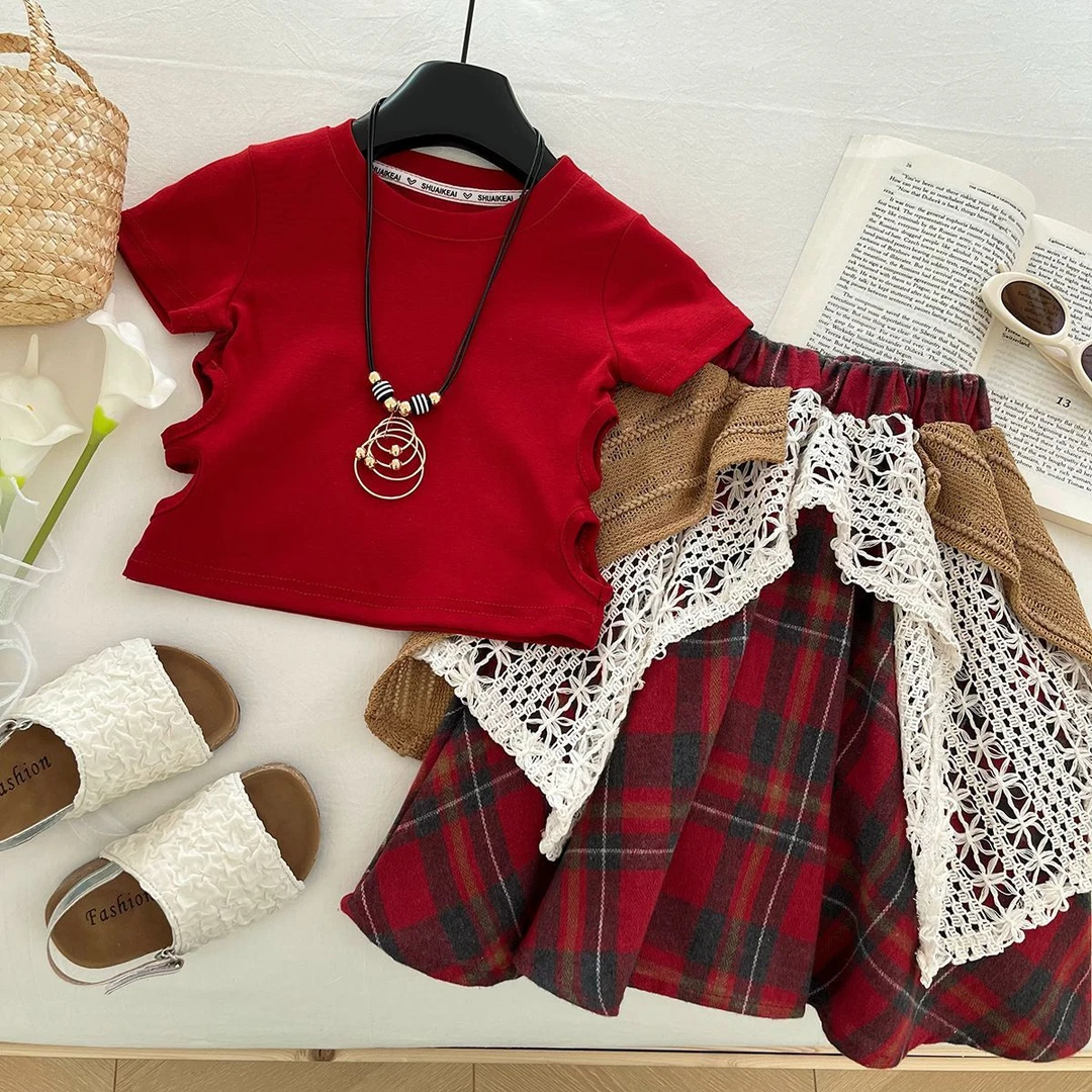 新款2025女宝宝夏季国潮风爆款儿童修身短袖格子短裙两件套送项链