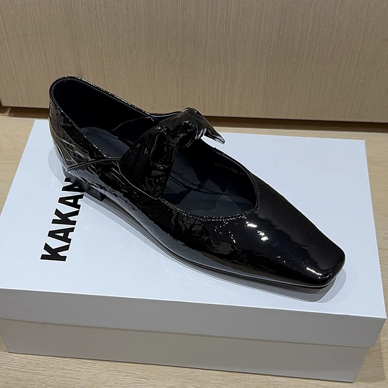 气质方头黑色浅口单鞋蝴蝶蝴蝶结耐磨防滑日奢风女鞋