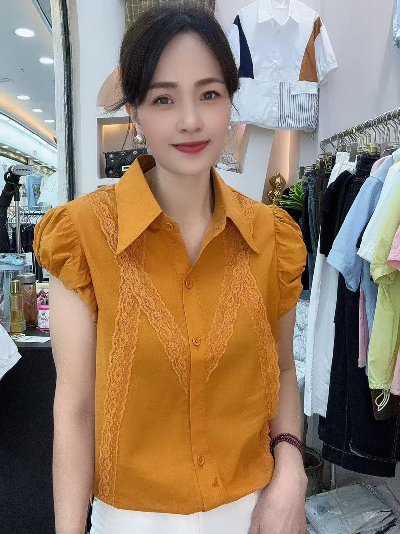 【秀家】夏季新款衬衫开衫蕾丝设计感时尚飞飞袖短款5213系列