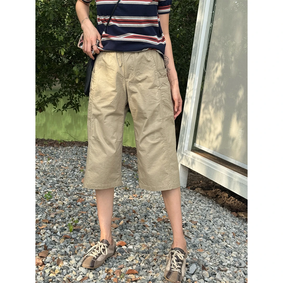 LANGQING 卡其色直筒七分薄款阔腿宽松休闲裤45500/45979#