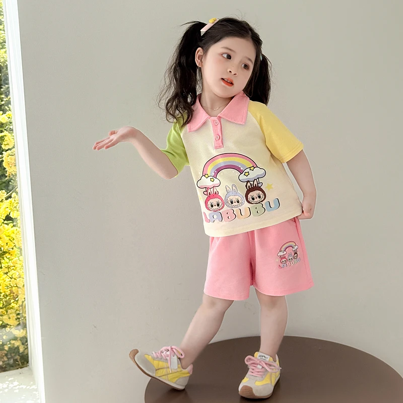 女童夏装Polo领套装2025新款洋气女宝宝休闲短袖两件套儿童薄衣服