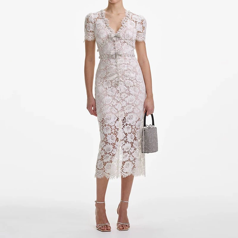 【DÉ MYSTÈRE】优雅千金贵气蝴蝶结蕾丝亮片V领修身连衣裙GSEN6056