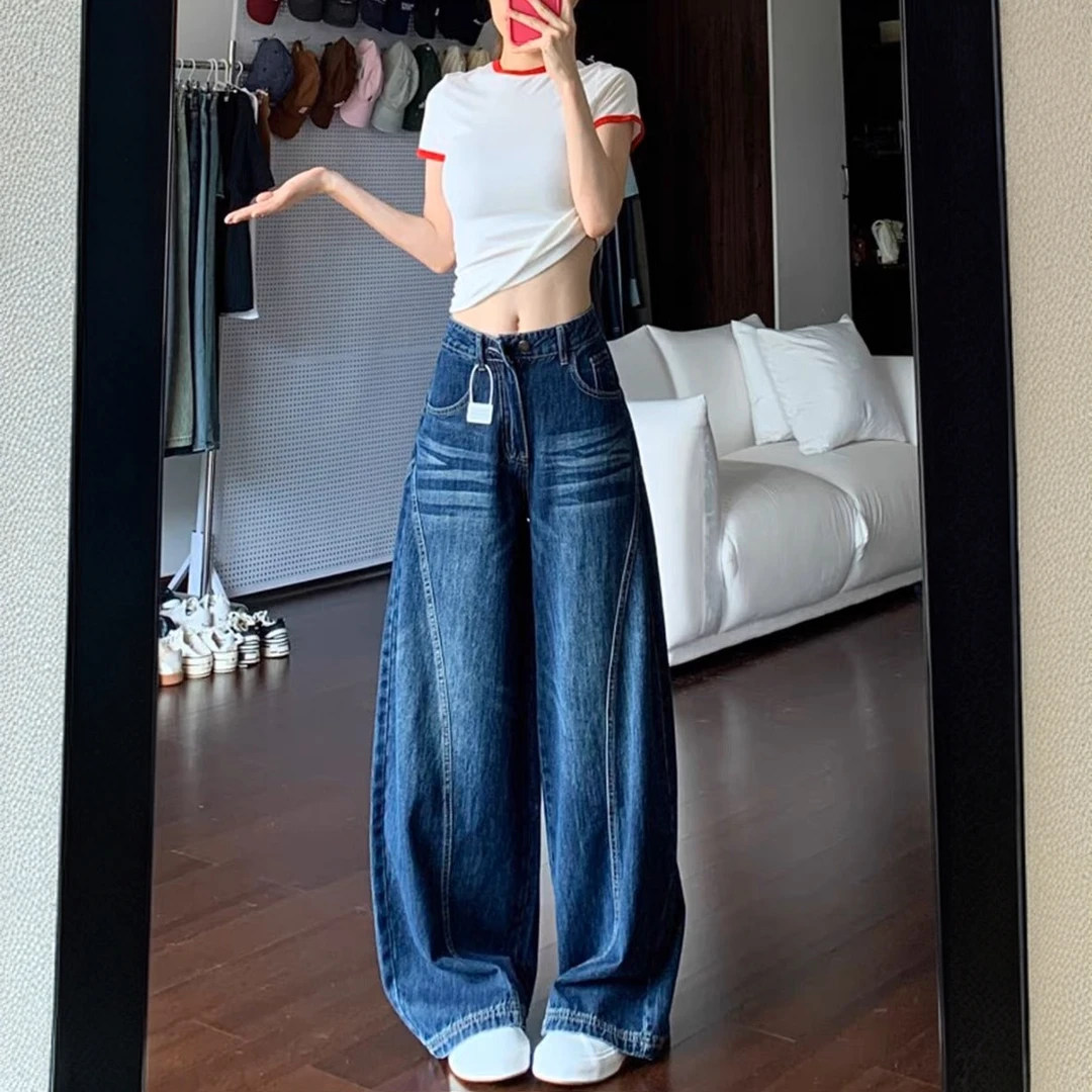 美式复古设计感阔腿牛仔裤女秋季新款梨形身材高腰宽松显瘦弯刀裤