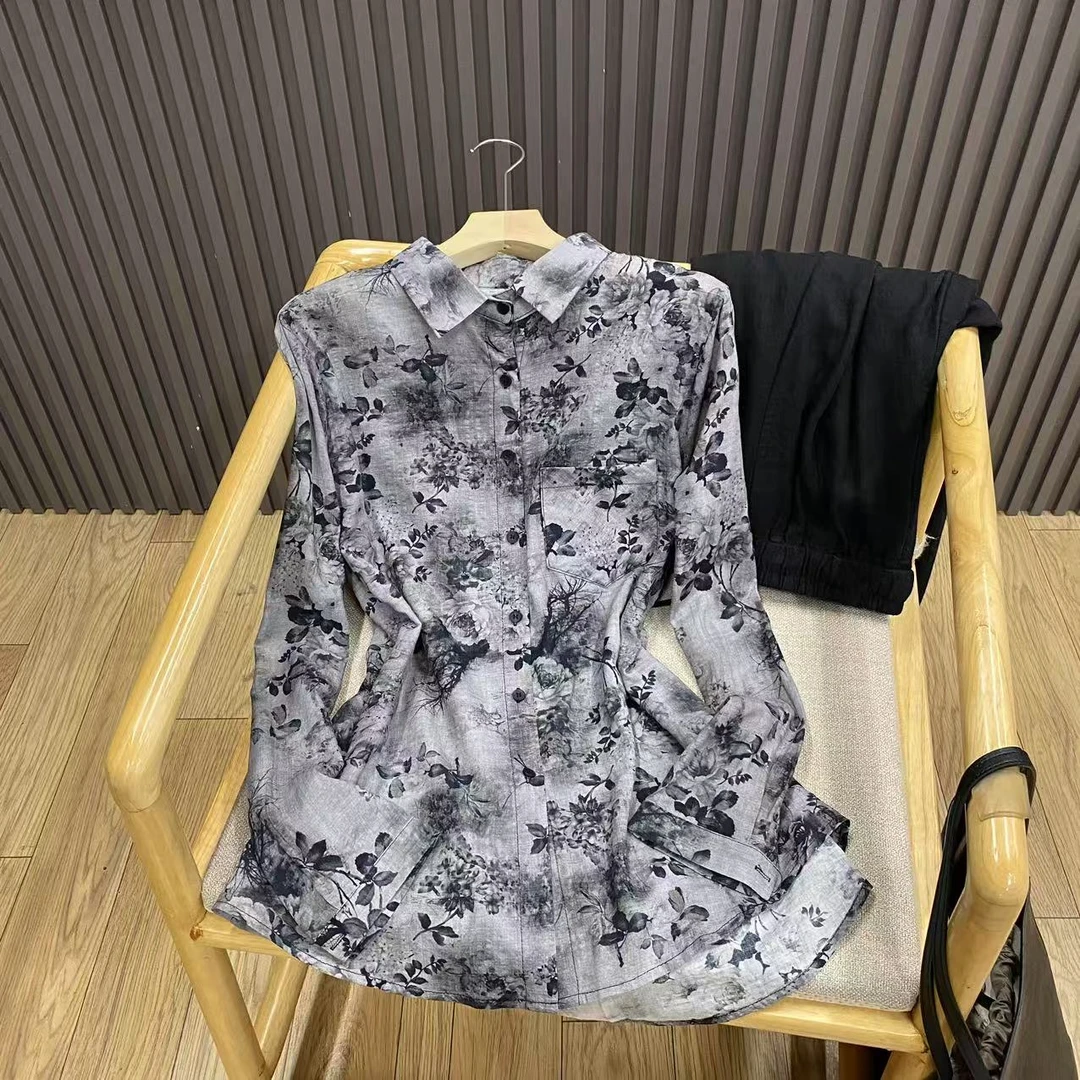 早秋复古印花纯棉长袖衬衫文艺百搭打底叠穿气质减龄上衣女C1866c