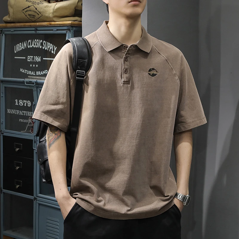 2025夏季新款男士短袖Polo衫宽松纯棉翻领半袖百搭体恤美式T恤衫