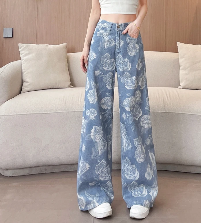 直筒裤夏季薄款休闲风印花牛仔裤宽松复古蓝色欧美风碎花高腰显瘦