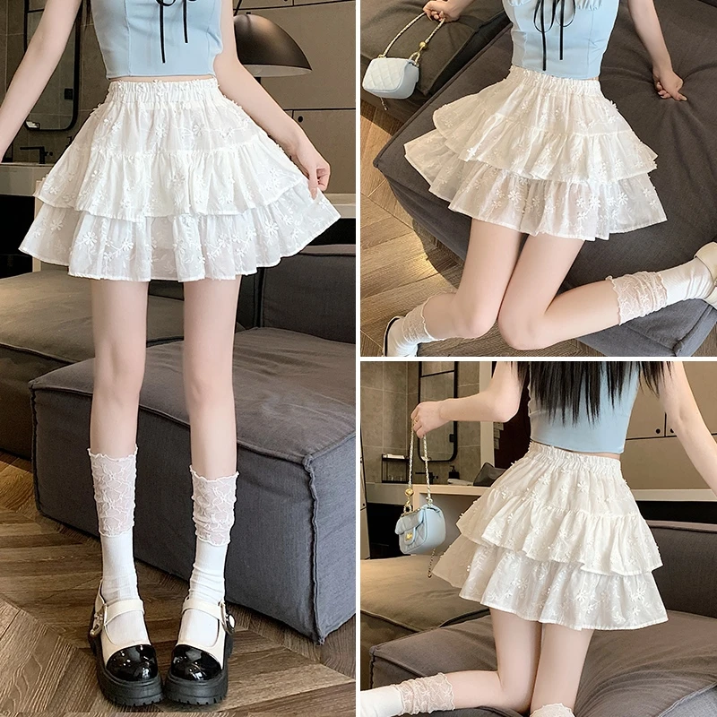 2025新款甜美夏天小裙子半身裙白色蓬蓬蛋糕裙高腰显瘦短裙小个子