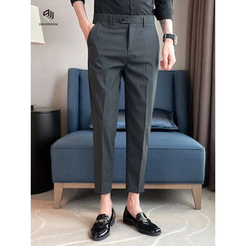 DIIIVERGOM新款春夏商务男休闲商务西装裤韩版修身条纹小脚九分西