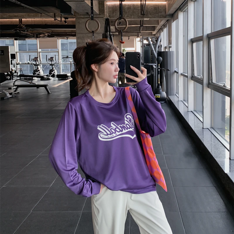 透气面料显瘦宽松大码胖mm女健身服瑜伽上衣跑步长袖字母运动T恤