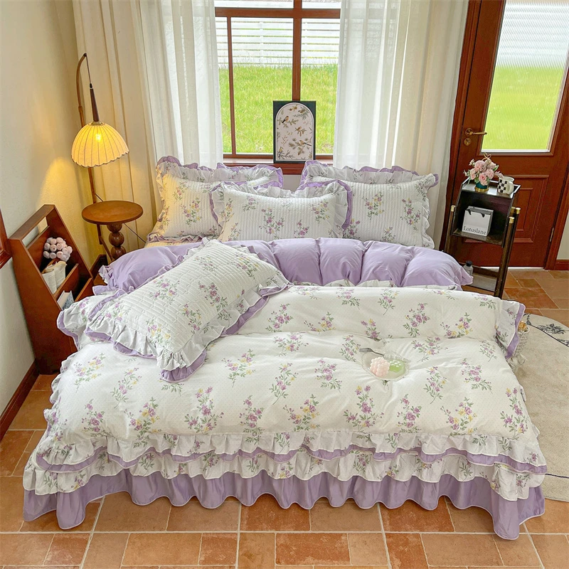 丫丫推荐【如沐春风】法式浪漫全棉印花双层花边床盖款四件套