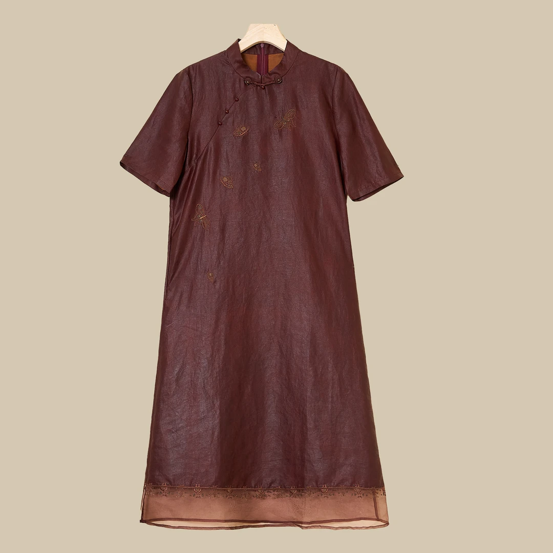 越老板红云纱夏季中式婆婆减龄高贵桑蚕丝女装香云纱连衣裙1592