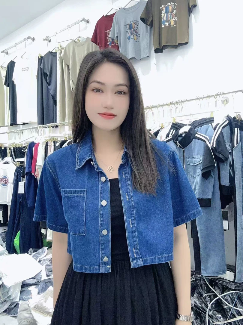 0973 法式牛仔衬衫女新款设计感小众短款上衣小清新宽松短袖衬衣