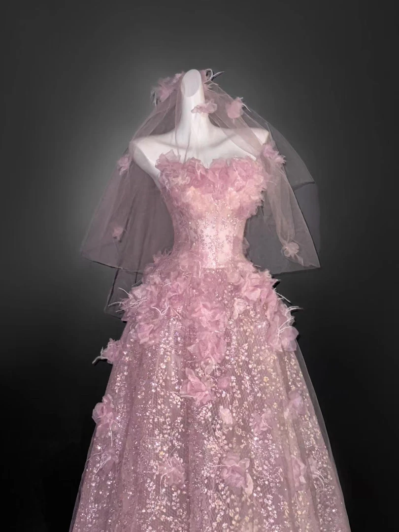 出租粉色晚礼服女2025新款一字肩学生成人礼在逃公主裙新娘敬酒服