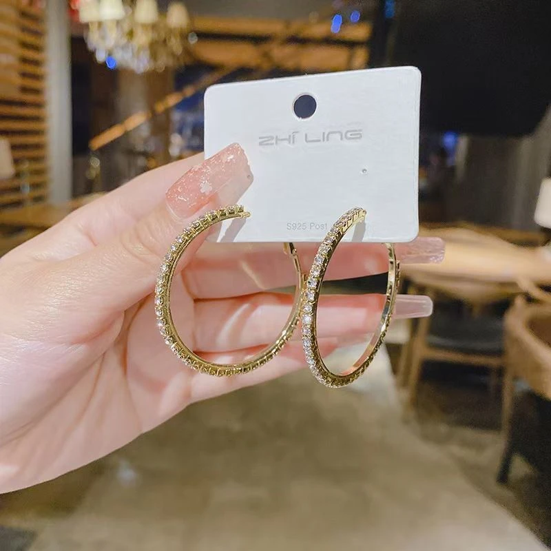 铜合金耳饰 金色耳圈4cm厘米满钻超闪时尚气质百搭高级感2097