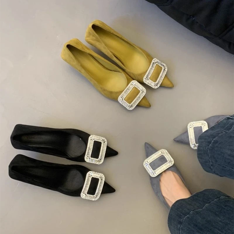 尖头单鞋百搭黑色高跟鞋2025春季新款小众水钻韩版浅口气质女鞋子