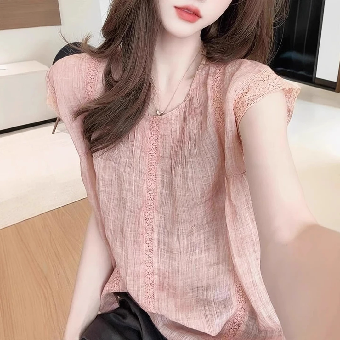 蕾丝镂空亚麻短袖衬衫上衣女2025年新款夏季超好看漂亮小飞袖衬衣