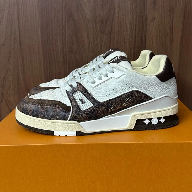 95新 LouisVuitton/路易威登 42.5码 trainer 白棕棋盘格 板鞋