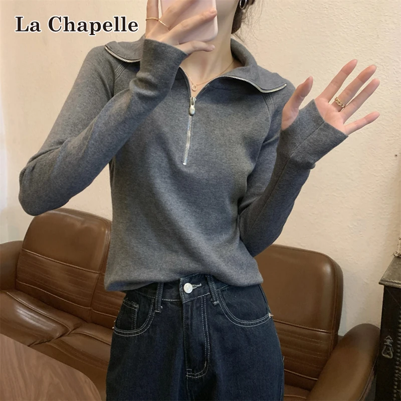 拉夏贝尔韩版半拉链立领针织衫女秋冬修身安迪绒内搭保暖打底毛衣