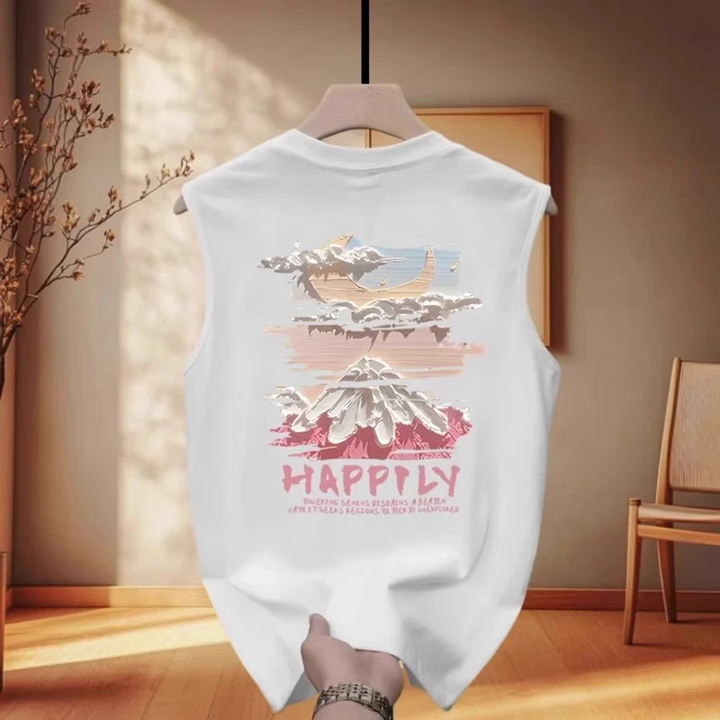 仓石一树夏季新款雪山印花无袖t恤男装痞帅坎肩背心宽松百搭上衣