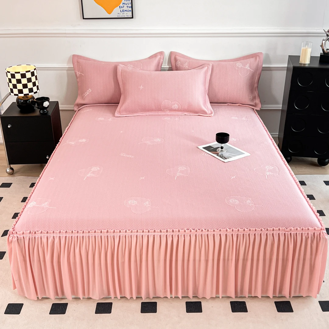 夏季爆款PE高分子冰丝豆豆凉席三件套公主风床裙款空调软席防滑