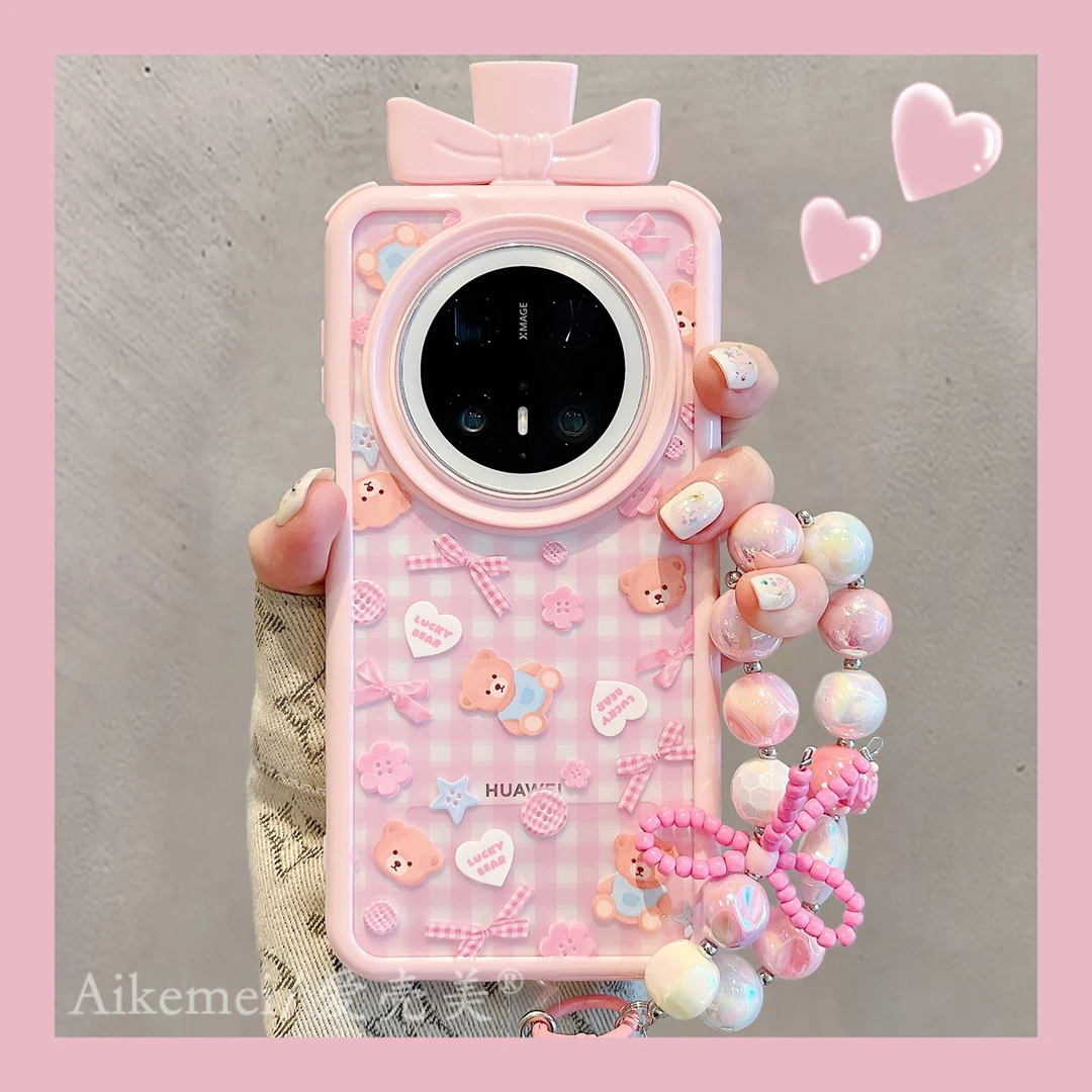 适用华为mate70pro+手机壳粉色格纹Mate60pro+蝴蝶结小熊玩偶链条