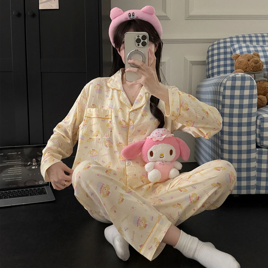 小狗印花长袖开衫睡衣女春秋季卡通可爱舒适休闲可外穿家居服套装