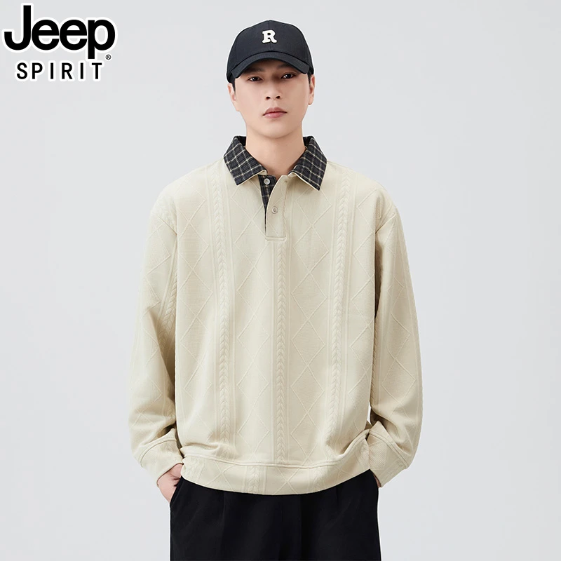 JEEP吉普美式休闲老钱风格子翻领提花撞色POLO套头卫衣秋冬重磅男